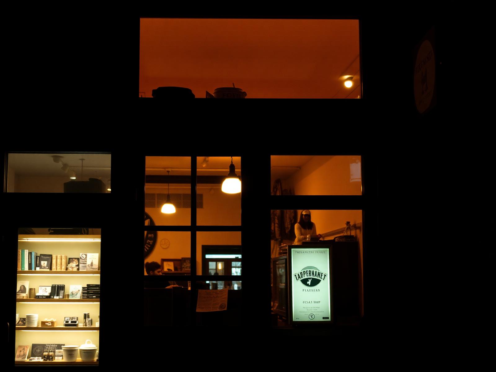 A warmly lit local place at dusk